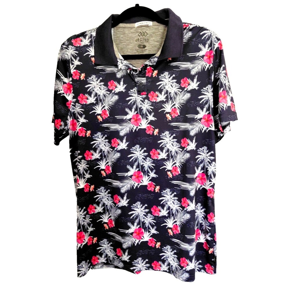 Legend Golf Mens Polo Sz M Extreme Stretch Fitted Hybiscus Tropical Navy Pink